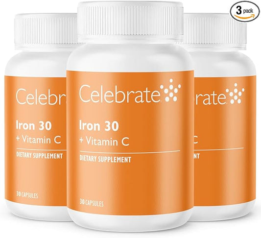 Celebrate Vitamins Iron Supplement with Vitamin C - 30mg Iron, 60mg Vitamin C, Bariatric Vitamins for WLS Patients, Vertical Sleeve & Gastric Bypass Surgery – 90 Capsules