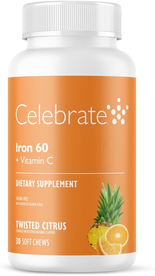 Celebrate Vitamins Iron Supplement with 60mg Iron & Vitamin C – Citrus Chewables for Bariatric Patients, Gastric Bypass & Sleeve Gastrectomy Support 30 Tablets for Post-Surgery