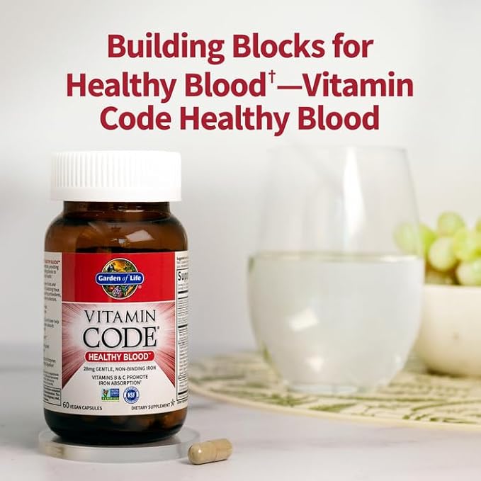 Garden of Life Vitamin Code Healthy Blood - Iron Supplement for Women, 60 Vegan Capsules, with Vitamins B, C, Trace Minerals, Fruit Veggies, Probiotics - for Energy and Anemia Support