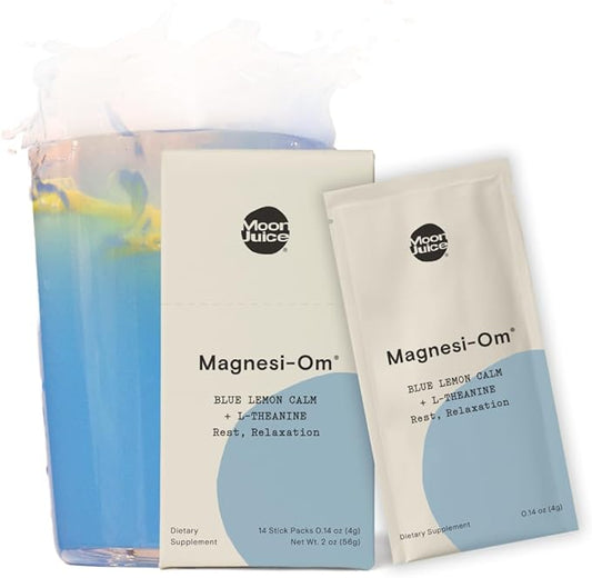 Moon Juice - Magnesi-Om, Blue Lemon - Sticks (18 Servings) - Support Brain Health, Rest - Magnesium Powder - L-Theanine - Regularity - Compostable - 100% Traceable - Vegan, Non GMO - 0.14oz