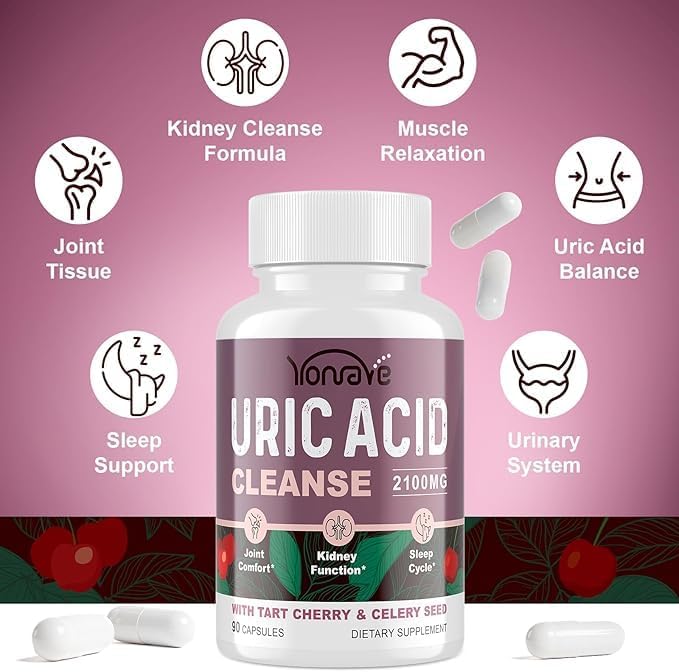 Uric Acid Cleanse & Detox - Tart Cherry Capsules, Celery Seed Uric Acid Supplement – Kidney, Joint and Sleep – 90 Veggie Capsules（1 Bottle）
