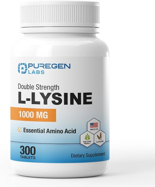 Puregen Labs L-Lysine Extra Strength 1000 MG per Tablet - 300 Servings | High Potency, Immune and Collagen Synthesis Support, Non-GMO, NO Gluten and Dairy - 300 Tablets Made in USA