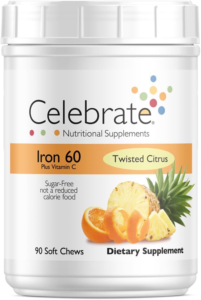 Celebrate Vitamins Iron Supplement with 60mg Iron & Vitamin C – Citrus Chewables for Bariatric Patients, Gastric Bypass & Sleeve Gastrectomy Support – 30 Tablets for Post-Surgery Health Maintenance