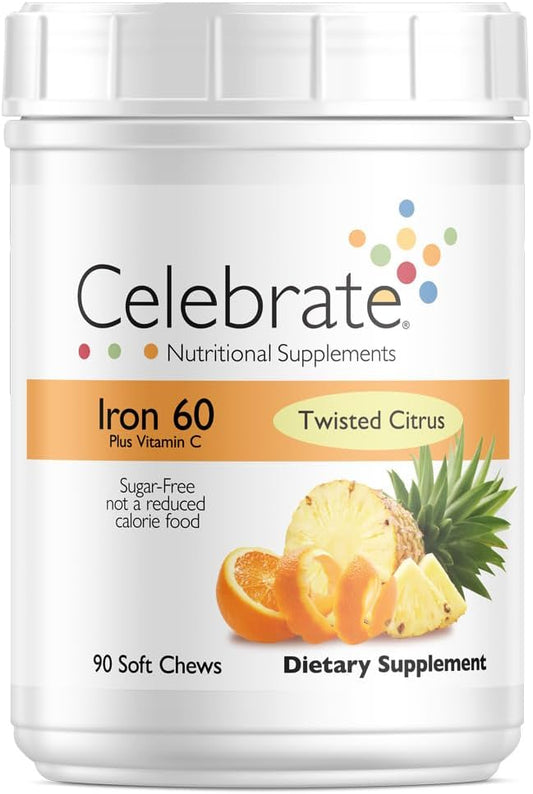 Celebrate Vitamins Iron Supplement with 60mg Iron & Vitamin C – Citrus Chewables for Bariatric Patients, Gastric Bypass & Sleeve Gastrectomy Support – 30 Tablets for Post-Surgery Health Maintenance