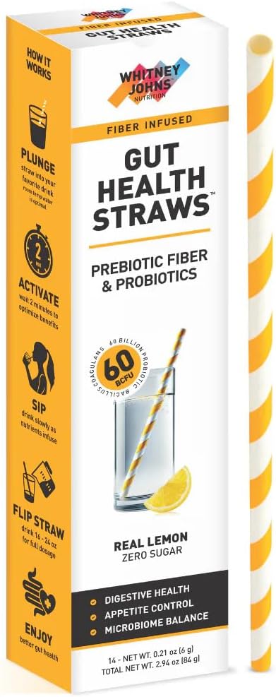 Gut Straws with Probiotics for Digestive Health – 60 Billion CFUs – Supports Gut Health & Nutrient Absorption – Fiber Infused Drinking Straws with Prebiotics, Lemon Flavor, 14 Count