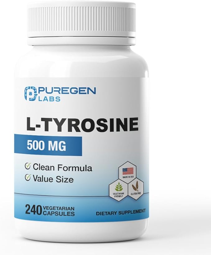 Puregen Labs L-Tyrosine 500 mg, 240 Vegetable Capsules | No Harmful Additives | Brain & Nervous System Support, Non-GMO, Vegan, Gluten Free, Dairy Free - 240 Servings - Made in USA