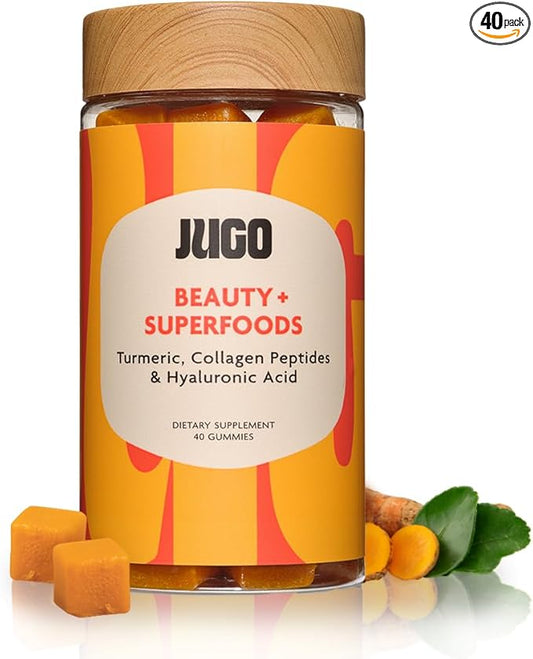 JUGO Beauty + SUPERFOODS | Hair Skin Nails Supplement with Hyaluronic Acid & Turmeric | 40 Count Plant-Based Gummies | Gelatin-Free, Non- GMO, Made in USA