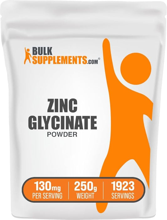 BulkSupplements.com Zinc Glycinate Powder - Zinc Supplement, Mineral Supplement for Immune Support - Gluten Free, 130mg per Serving, 250g (8.8 oz) (Pack of 1)