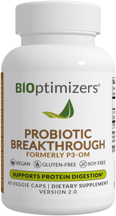 BiOptimizers Probiotic Breakthrough – Lactobacillus Plantarum OM Probiotics & Prebiotics Health Supplement for Gut, Digestive & Immune Support Probiotics for Women Men Elderly– 60 Vegan Capsules