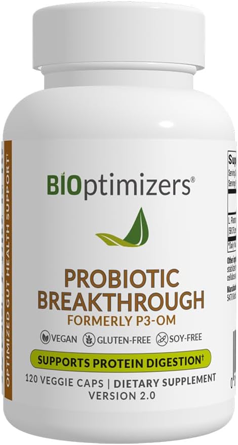 BiOptimizers Probiotic Breakthrough – Lactobacillus Plantarum OM Probiotics & Prebiotics Health Supplement for Gut, Digestive & Immune Support Probiotics for Women Men Elderly– 120 Vegan Capsules