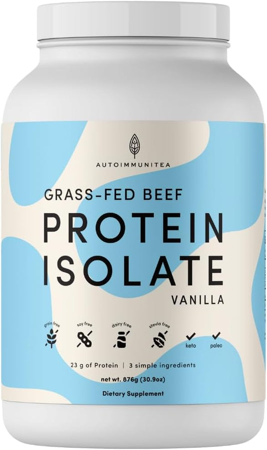 Grass Fed Beef Protein Powder Isolate - AutoimmuniTea, 23g of Paleo Carnivore Protein, Keto Friendly, Grain Free, No Dairy or Soy, No Whey, Stevia Free, Vanilla Flavor - 2lbs of Prime Muscle Building