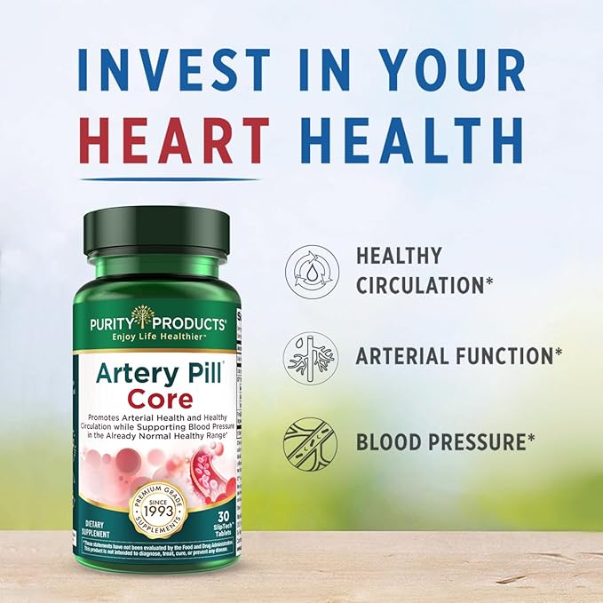 Purity Products Artery Pill Core from MK-7 Vitamin K2, Plant-Based S7 Nitric Oxide Booster, Vitamin D3, Organic Blueberries - Promotes Arterial Health & Cardiovascular Function - 30 Count