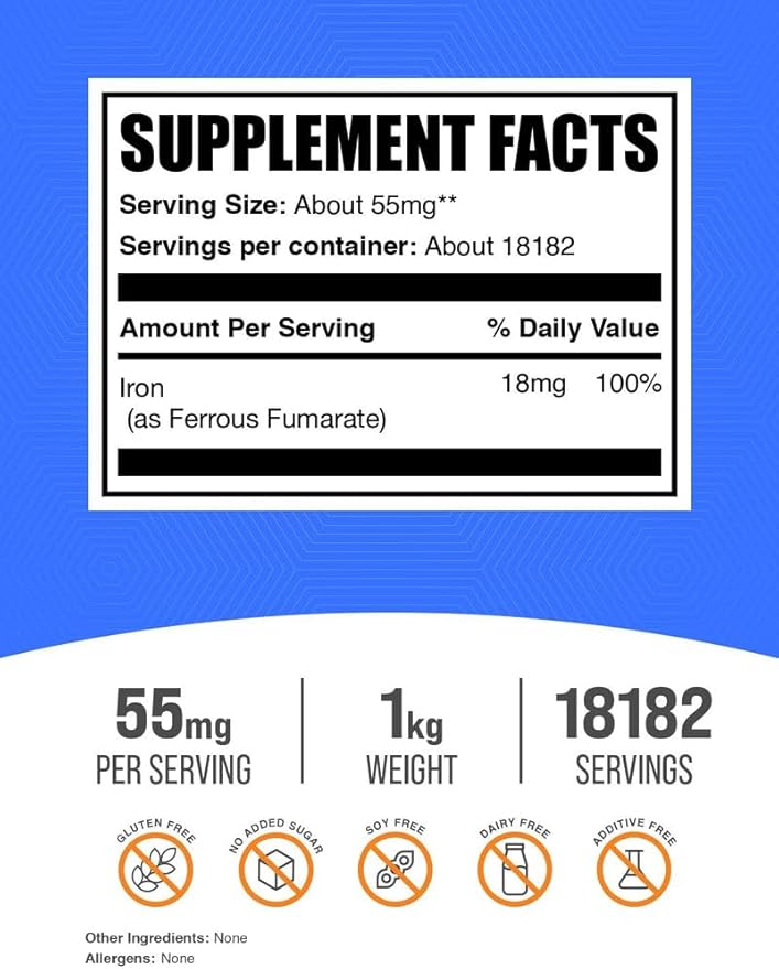 BulkSupplements.com Ferrous Fumarate Powder - Essential Mineral, Iron Supplement for Men and Women - Gluten Free, 55mg per Serving, 1kg (2.2 lbs) (Pack of 1)
