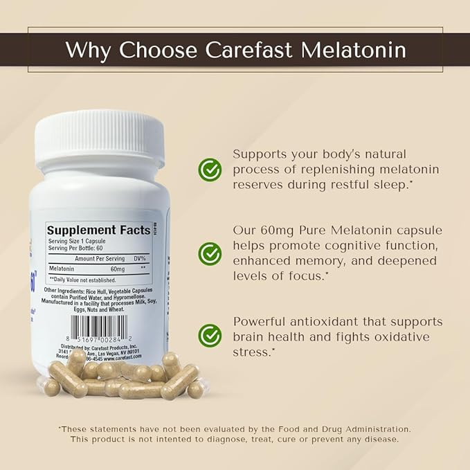 Pure Melatonin 60mg | 60 High-Dose Easy-to-Swallow Capsules | Natural Sleep Aid | Non-Habit Forming | Holistic Wellness
