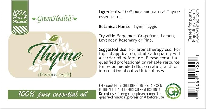 Thyme Essential Oil - 128 fl oz (1 Gallon) Plastic Bottle w/Cap - 100% Pure Essential Oil by GreenHealth