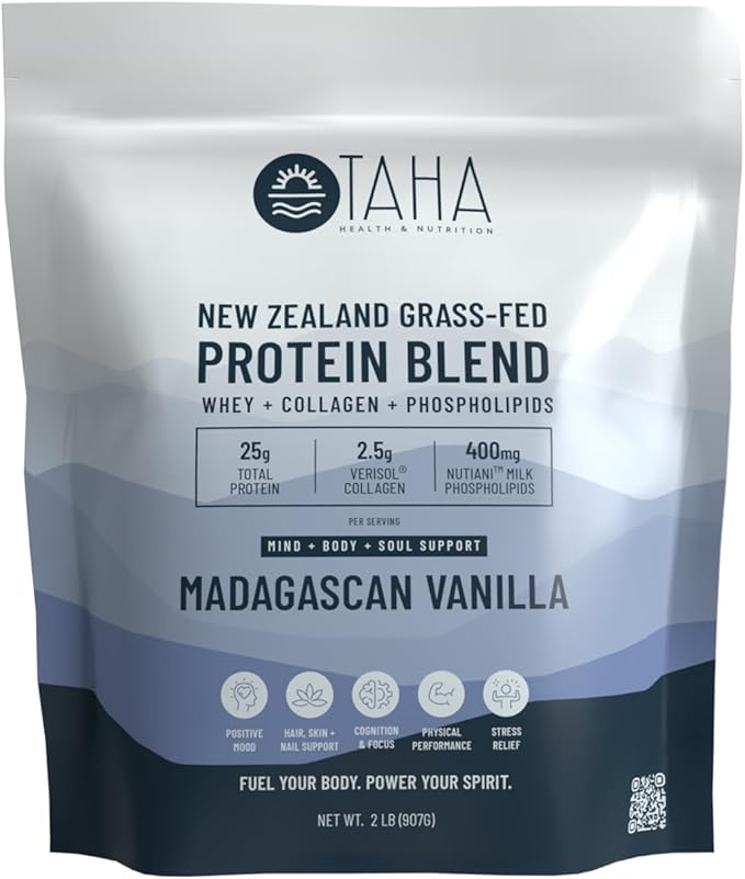 Taha Health & Nutrition Mind + Body Protein Blend – Madagascan Vanilla | 25g Protein from Whey & Collagen + 400mg Milk Phospholipids | Grass-Fed, Free-Range New Zealand Dairy | 2LB