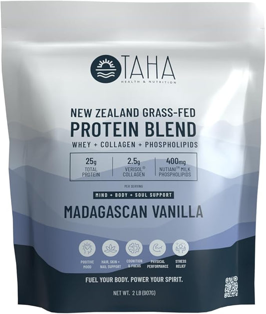 Taha Health & Nutrition Mind + Body Protein Blend – Madagascan Vanilla | 25g Protein from Whey & Collagen + 400mg Milk Phospholipids | Grass-Fed, Free-Range New Zealand Dairy | 2LB