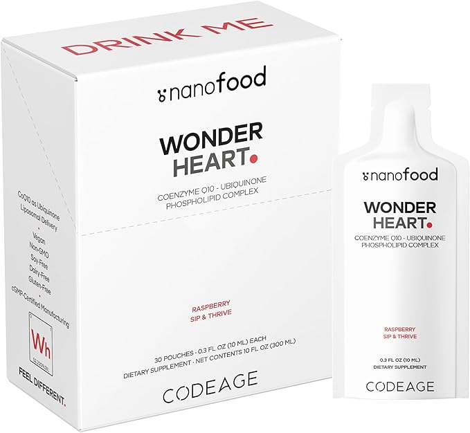 Codeage Wonder Heart Liquid CoQ10 Liposomal Ubiquinone Supplement, Coenzyme Q10 Heart Vitamins, Non-GMO Sunflower Phosphatidylcholine Vegan Blend, Raspberry Flavored Softgel, Pack of 30 Pouches
