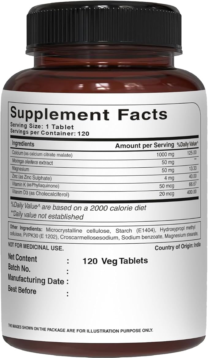 Pure Nutrition Ultra Calcium 1000mg with VIT D3 + K2 | 240 Tabs (120 X Pack of 2) | Highly absorbable Calcium Supplement with Calcium Citrate Malate, VIT D3, K2, Moringa Oleifera, Magnesium and Zinc.