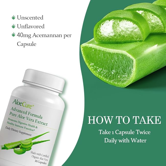 AloeCure Organic Aloe Vera Capsules, 160,000mg Inner Aloe Leaf Equivalent per Serving, Support Gut, Digestive, & Immune Health, Helps Maintain Balanced Stomach Acidity, Aloin Free, 30 Capsules