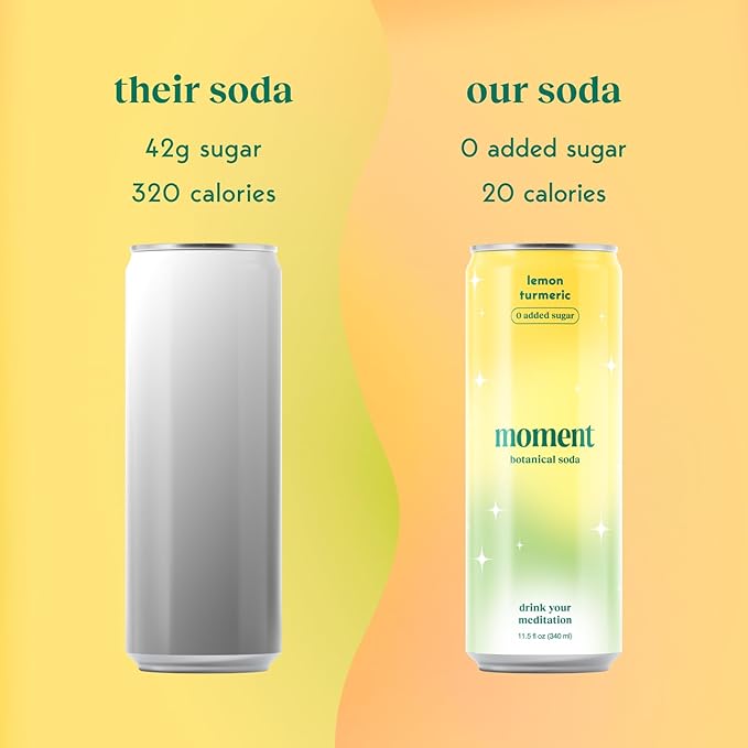 Moment Botanical Soda Soft Drink (Shark Tank) - SPARKLING Non Alcoholic Drinks | Lemon Turmeric | | L-Theanine & Ashwagandha for Calm & Clarity | 0 Added Sugar 0 Caffeine | 12-pack
