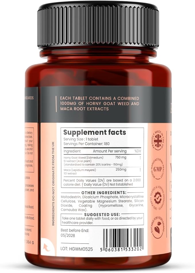 pureclinica 10X Horny Goat Weed & Maca Extract 6250mg x 180 Tablets (6 Months Supply) -10 X More Icariins - w/5mg Black Pepper Extract for 300% Increased Absorption