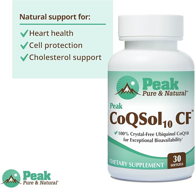 Peak CoQSol10 CF - 100% Crystal-Free Ubiquinol CoenzymeQ10 for Enhanced Bioavailability - Ubiquinol CoQ10 - Natural Energy Booster - Supports Immunity, Brain and Heart Health (30 Softgels)