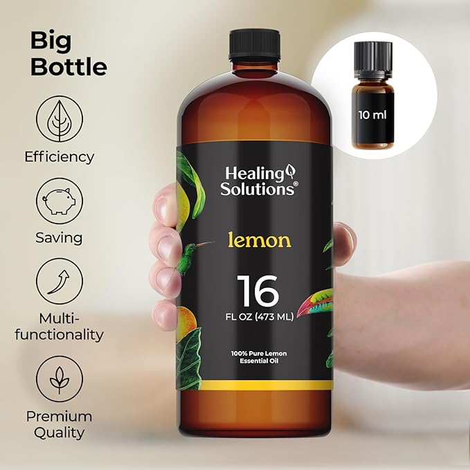 Healing Solutions Lemon Essential Oil - 16oz Bulk, 100% Pure, Large Bottle for Aromatherapy & More - Candle Making & Diffuser
