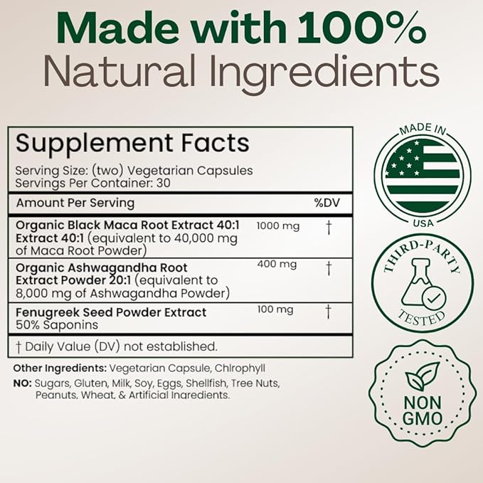 MACAPLUS+ Black Maca Root + Ashwagandha + Fenugreek - #1 Highest Potency Black Maca Root 40,000mg 40x Strength Organic Capsules for Men and Women Supplement 100% Pure Maca Peruana 40:1 Powder Pills