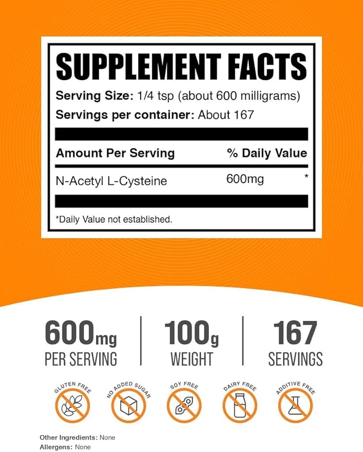 BulkSupplements.com NAC Powder - N-Acetyl Cysteine 600mg, NAC Supplement - Antioxidant Support, Gluten Free - 600mg per Serving, 167 Servings, 100g (3.5 oz) (Pack of 1)