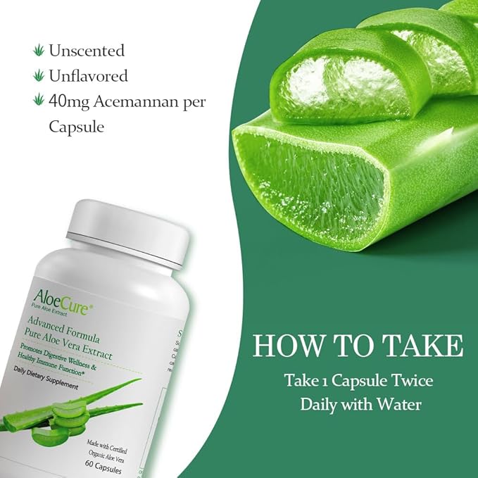 AloeCure Organic Aloe Vera Capsules, 160,000mg Inner Aloe Leaf Equivalent per Serving, Support Gut, Digestive, & Immune Health, Helps Maintain Balanced Stomach Acidity, Aloin Free, 60 Capsules