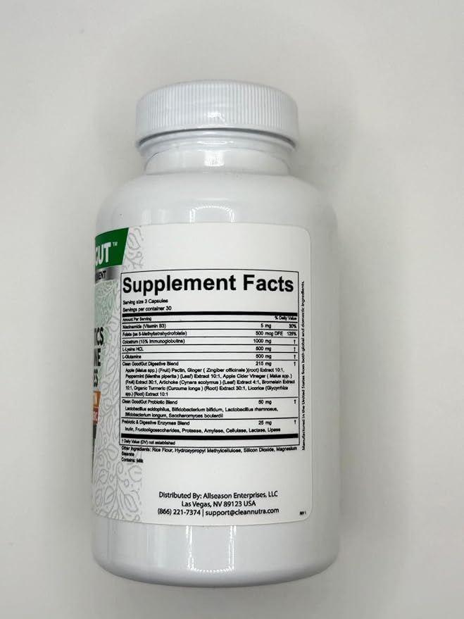 Clean Nutraceuticals Colostrum Supplement Capsules Probiotics Pills Prebiotics, L-Glutamine, Digestive Enzymes, Folate, Fiber, ACV, Turmeric, Apple Pectin and Turmeric Pills