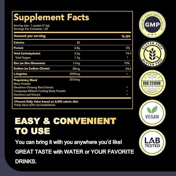 DAIKEN Peruvian Maca Root Powder Extra Strength 15,000 mg, Gelatinized Black, Red, Yellow Maca Blend with L-Arginine (2,500 mg) for Men and Women, Superior Absorption, Vegan, Lab Tested - 22 Packets