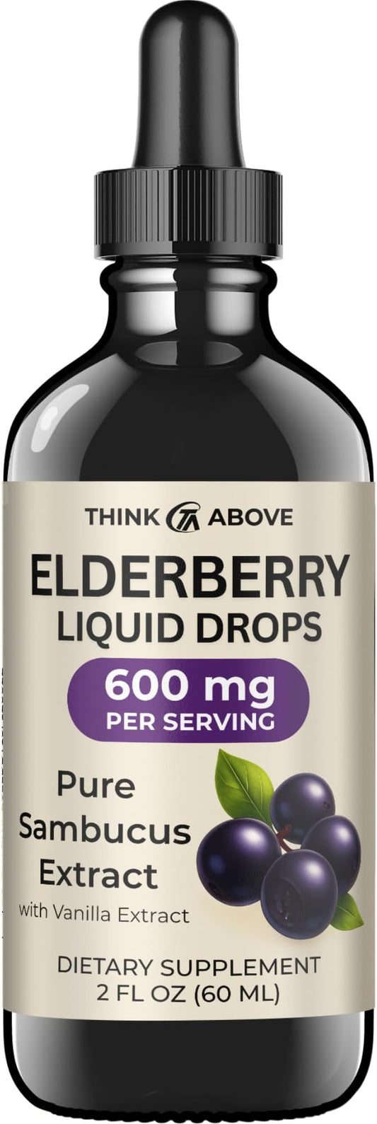 Elderberry Liquid Drops, 600mg, 2 Fl Oz, Pure Sambucus Extract with Vanilla, Vegan Immune Support Supplement