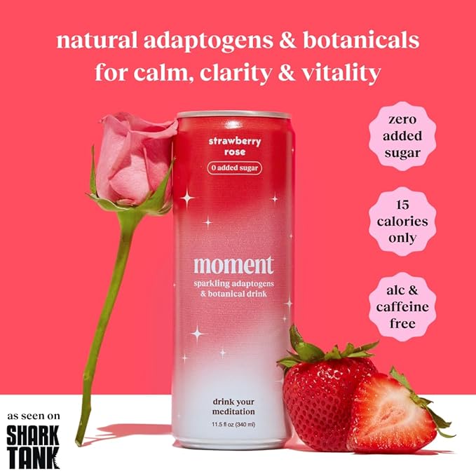 Moment Botanical Soda Soft Drink (Shark Tank) - SPARKLING Drinks | Strawberry Rose | L-Theanine & Ashwagandha for Calm & Clarity | 0 Added Sugar 0 Caffeine | 12-pack