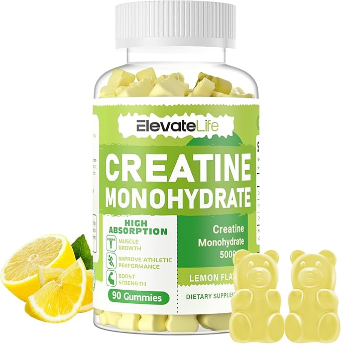 ElevateLife Creatine Monohydrate Gummies 5g for Men Women - Sugar Free Chewable Supplement. 90 Gummies Lemon