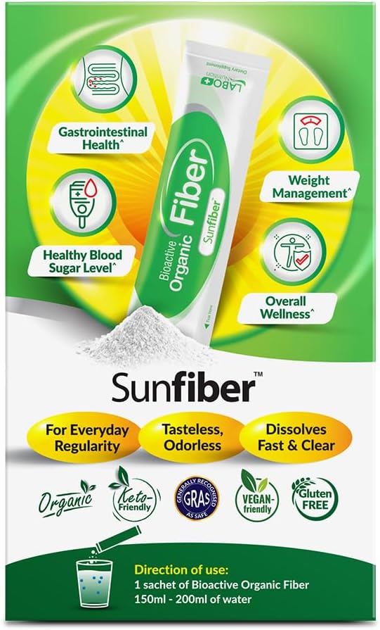 LABO Nutrition Bioactive Organic Fiber – Sunfiber PHGG Soluble Prebiotic Fiber for Digestive Regularity & Gut Health – Partially Hydrolyzed Guar Gum, Low FODMAP, Unflavored, Vegan, Non-GMO, 30 Sachets