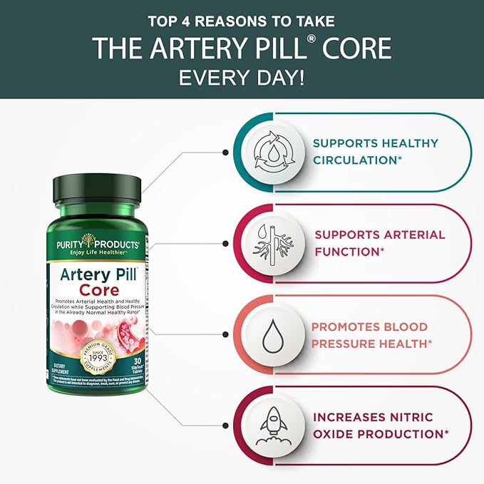 Purity Products Artery Pill Core from MK-7 Vitamin K2, Plant-Based S7 Nitric Oxide Booster, Vitamin D3, Organic Blueberries - Promotes Arterial Health & Cardiovascular Function - 30 Count