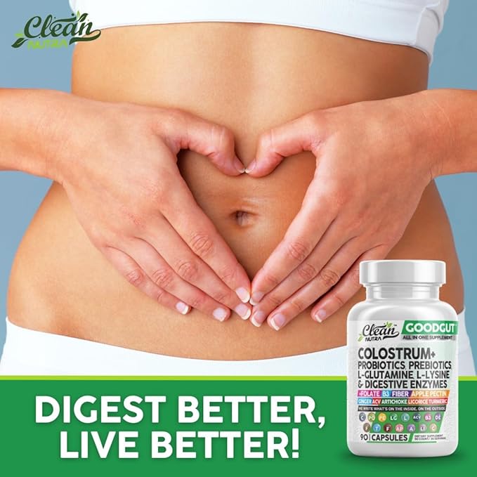 Clean Nutraceuticals Colostrum Supplement Capsules Probiotics Pills Prebiotics, L-Glutamine, Digestive Enzymes, Folate, Fiber, ACV, Turmeric, Apple Pectin and Turmeric Pills