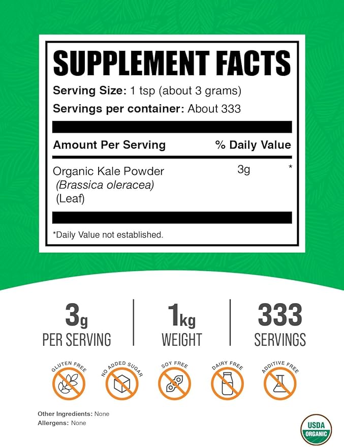 BulkSupplements.com Organic Kale Powder - Greens Powder, Superfood Supplement - Vegan & Gluten Free, 3g per Serving, 1kg (2.2 lbs) (Pack of 1)