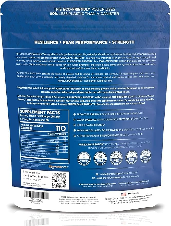 PureClean Protein 25G Organic Grass Fed Beef Bone Broth Protein from Swedish Cattle - Paleo & Keto-Friendly, Gluten-Free, Sugar-Free, Dairy-Free - Enhanced with Collagen Peptides - (40 Servings)