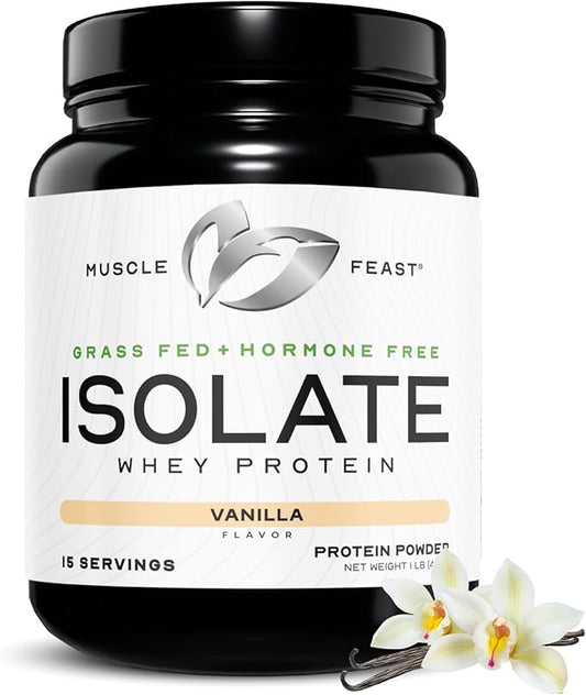 Muscle Feast Grass-Fed Whey Protein Isolate, All Natural Hormone Free Pasture Raised, Whey Isolate Protein Powder for Men and Women, Clean, Gluten-Free, Delicious Isolate Protein - Vanilla, 1lb