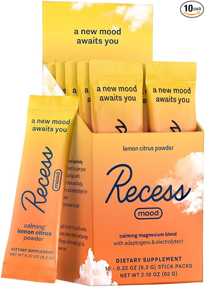 Recess Mood Powder, Calming Magnesium L-Threonate Blend with Passion Flower, L-Theanine, Electrolytes, Magnesium Calm Support Powder Supplement - Lemon Citrus Pack of 10