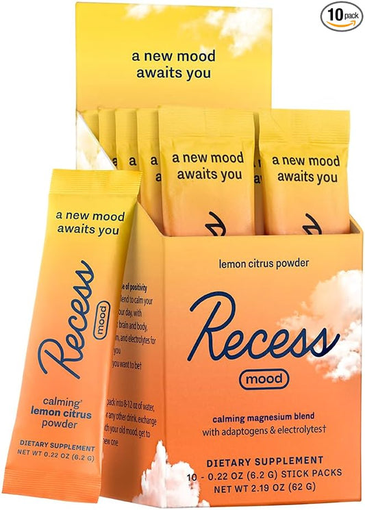 Recess Mood Powder, Calming Magnesium L-Threonate Blend with Passion Flower, L-Theanine, Electrolytes, Magnesium Calm Support Powder Supplement - Lemon Citrus Pack of 10