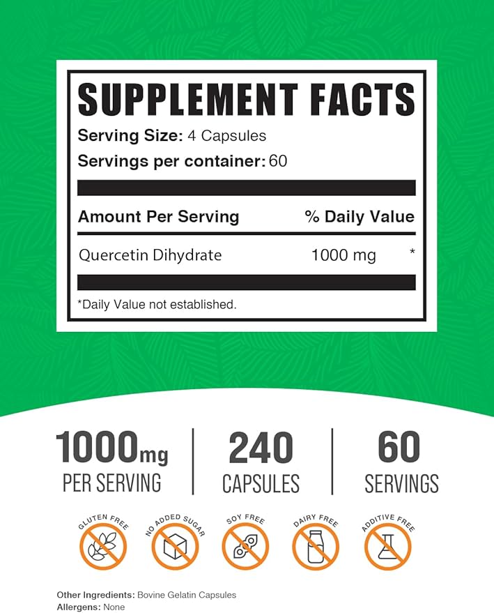 BulkSupplements.com Quercetin Dihydrate Capsules - Quercetin Supplements, Antioxidants Supplement - 4 Capsules per Serving, 240 Count (Pack of 1)