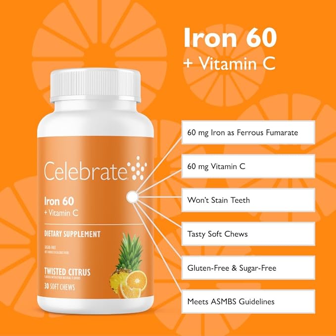 Celebrate Vitamins Iron Supplement with 60mg Iron & Vitamin C – Citrus Chewables for Bariatric Patients, Gastric Bypass & Sleeve Gastrectomy Support 30 Tablets for Post-Surgery