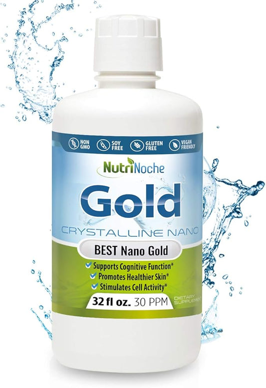 Colloidal Gold Liquid Organic Supplement by Nutrinoche - 100% Pure Nano Gold Mineral - Supports Mental Clarity, Focus & Relaxation - 32 oz Bottle - Vegan, Gluten-Free - Crystalline- 30 ppm