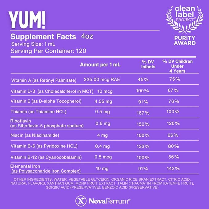 NovaFerrum Yum | Multivitamin with Iron for Infants, Toddlers & Kids | Immune Support | Ages 4 & Under | Gluten Free Certified | Sugar Free | Raspberry Grape | 120 Servings