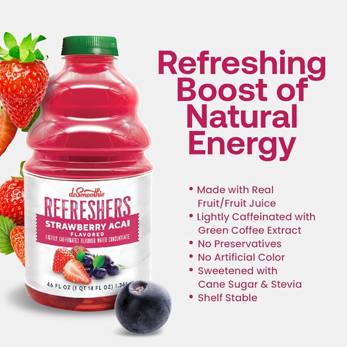 Dr. Smoothie Refreshers Strawberry Acai – Made with Real Fruit Juice – Drink Concentrate, No Artificial Colors, Shelf-Stable – Lightly Caffeinated with Green Coffee Extract (46 oz Bottle)