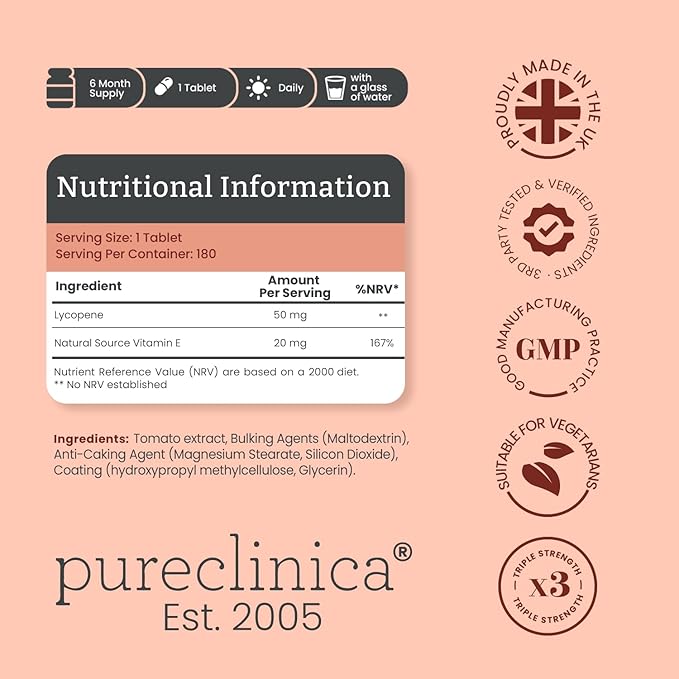 pureclinica 50mg Lycopene x 360 Tablets (2 Bottles of 180 Tablets Each - 12 Months Supply). Triple Strength Lycopene are 3 x Strength of Regular Tablets.